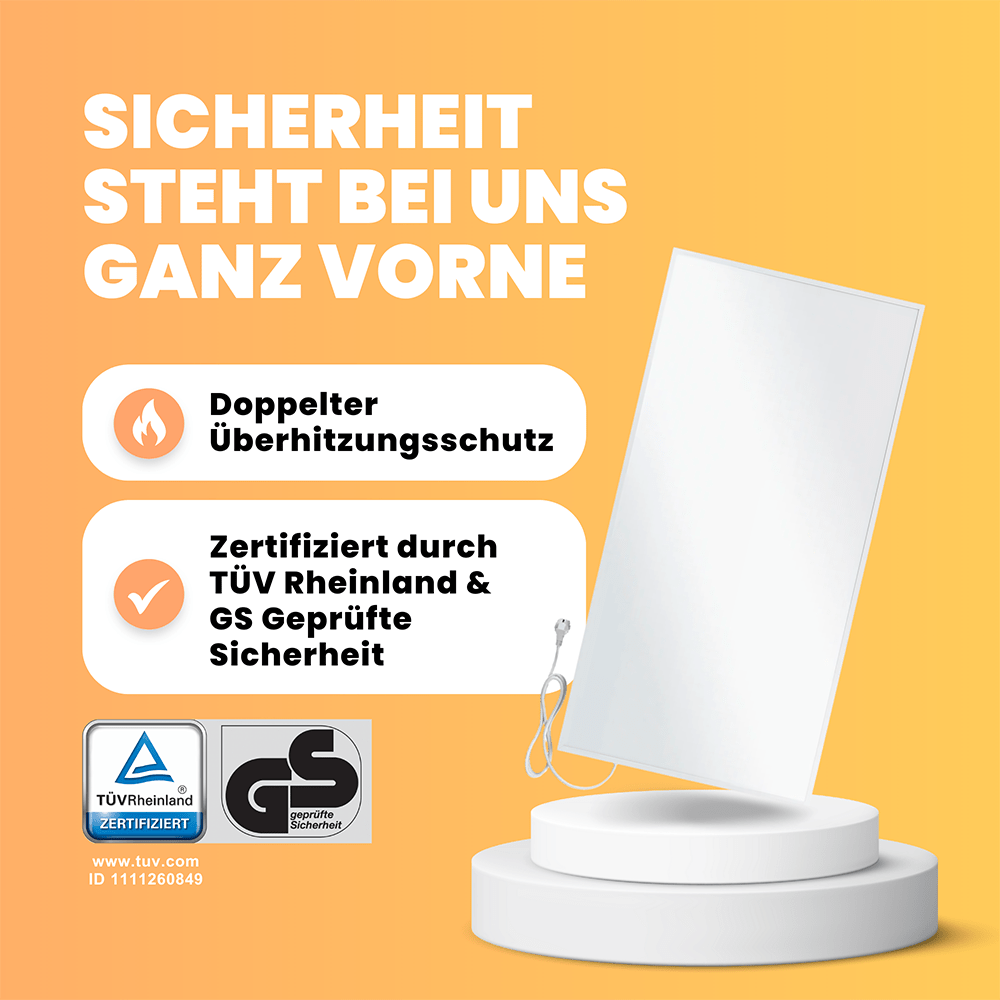 Weiße Infrarotheizung von Bringer® auf einem weißen Podest und gelben Hintergrund und TÜV Siegel an der Seite mit der Überschrift Sicherheit steht bei uns ganz vorn.